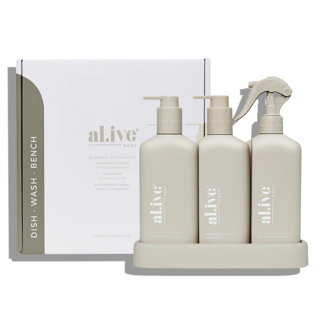 al.ive Kitchen Trio (Dishwashing Liquid, Hand Wash, Bench Spray & Tray)